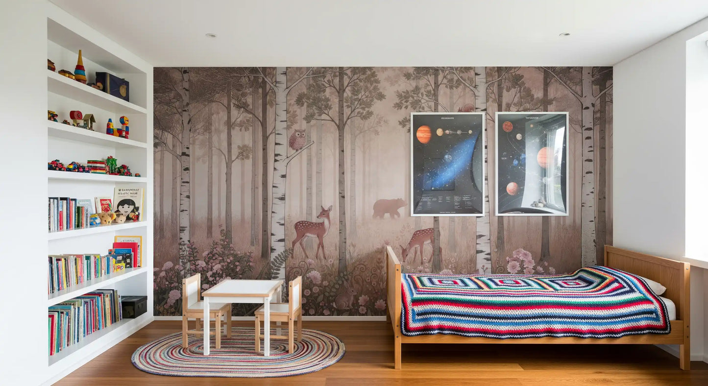 Slim birch trunks and pink blooms fill this wall mural behind a calm Kids bedroom .
