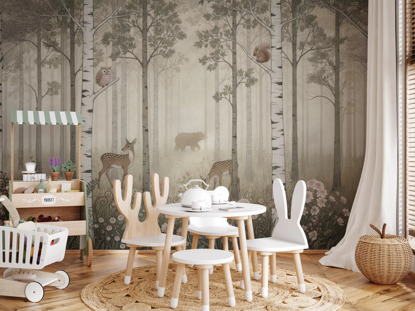 Sage green, taupe and ivory hues spread across this Misty Day Forest Animals wall mural.