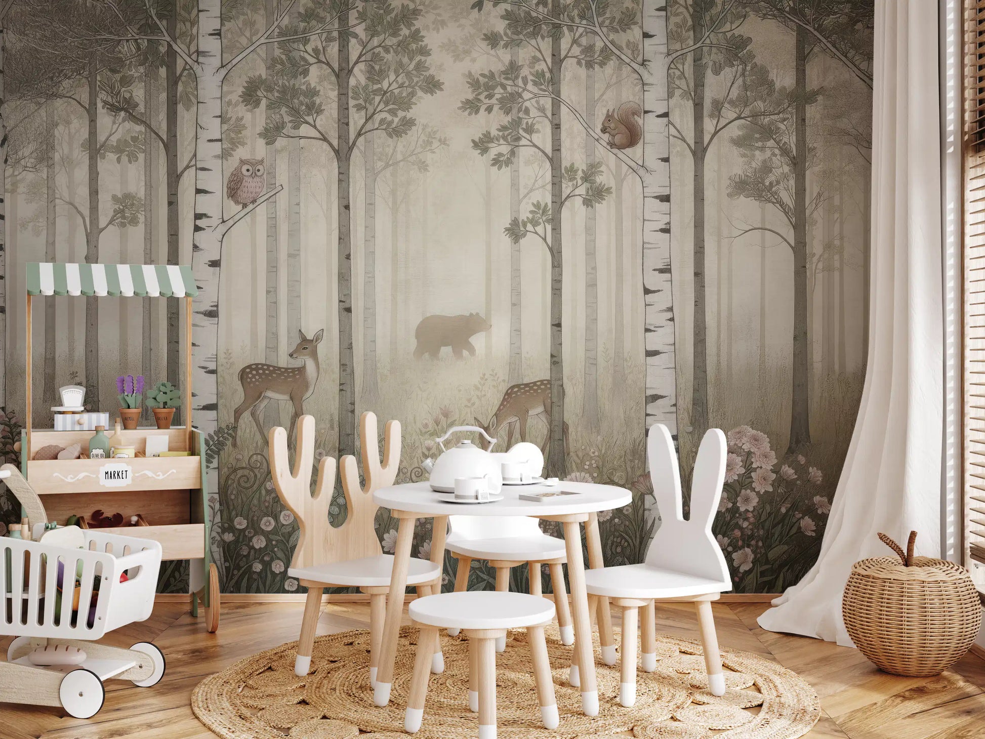 Sage green, taupe and ivory hues spread across this Misty Day Forest Animals wall mural.