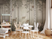Sage green, taupe and ivory hues spread across this Misty Day Forest Animals wall mural.