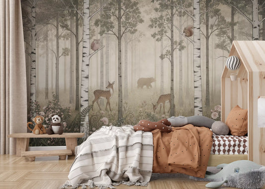 Blush wildflowers and ferns lift a Kids room with the Forest Misty Day wall mural.