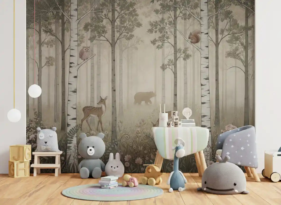 Pale birch trunks repeat down the Forest Animals and Wildflowers Misty Day wall mural.