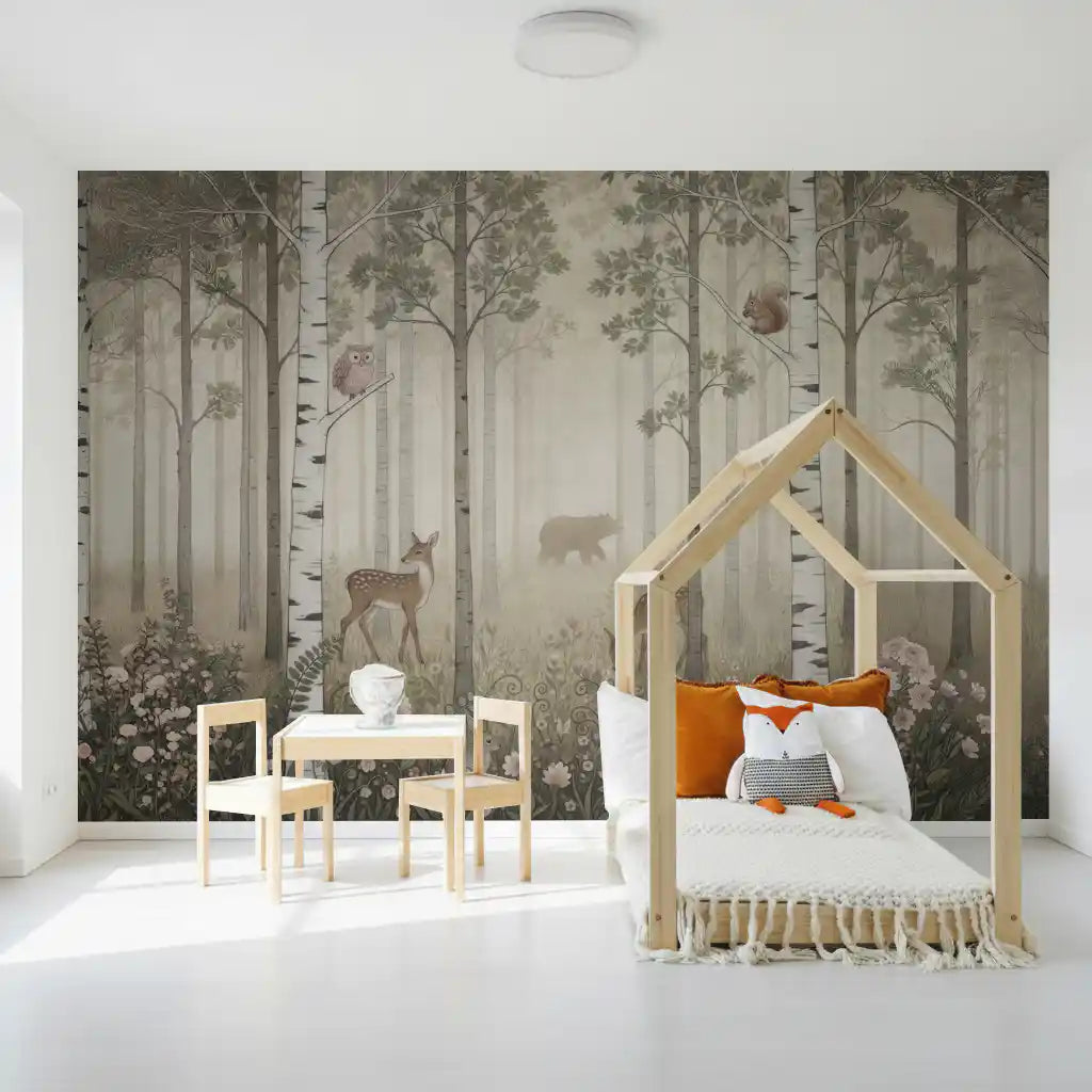 A quiet, foggy clearing opens behind a bedroom with the Misty Day Forest wall mural.