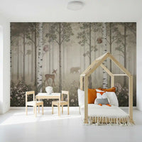 A quiet, foggy clearing opens behind a bedroom with the Misty Day Forest wall mural.
