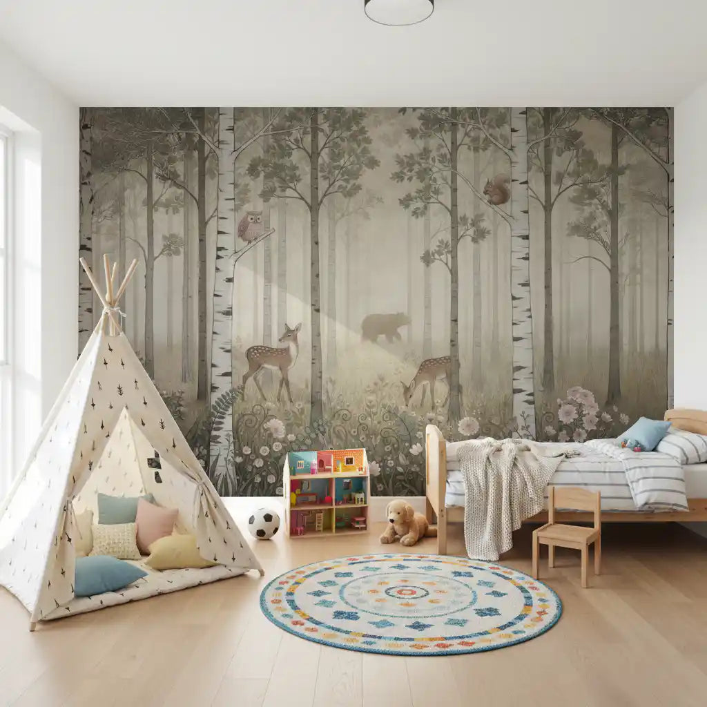 Light fog hangs between slender birches across the Misty Day Wildflowers wall mural.