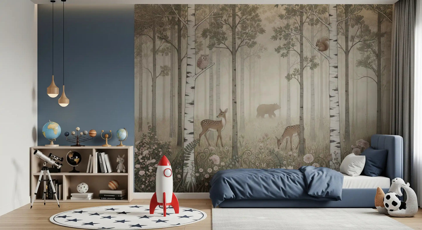 A spotted fawn watches deer browse blooms on the Forest Animals Misty Day wall mural.