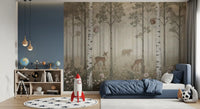A spotted fawn watches deer browse blooms on the Forest Animals Misty Day wall mural.