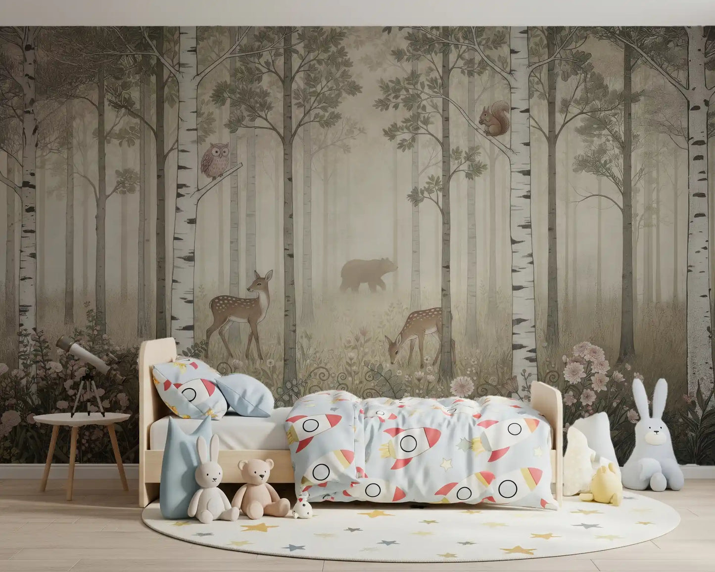 Sepia and ivory tones surround a kids' room via the Forest Animals wall mural.