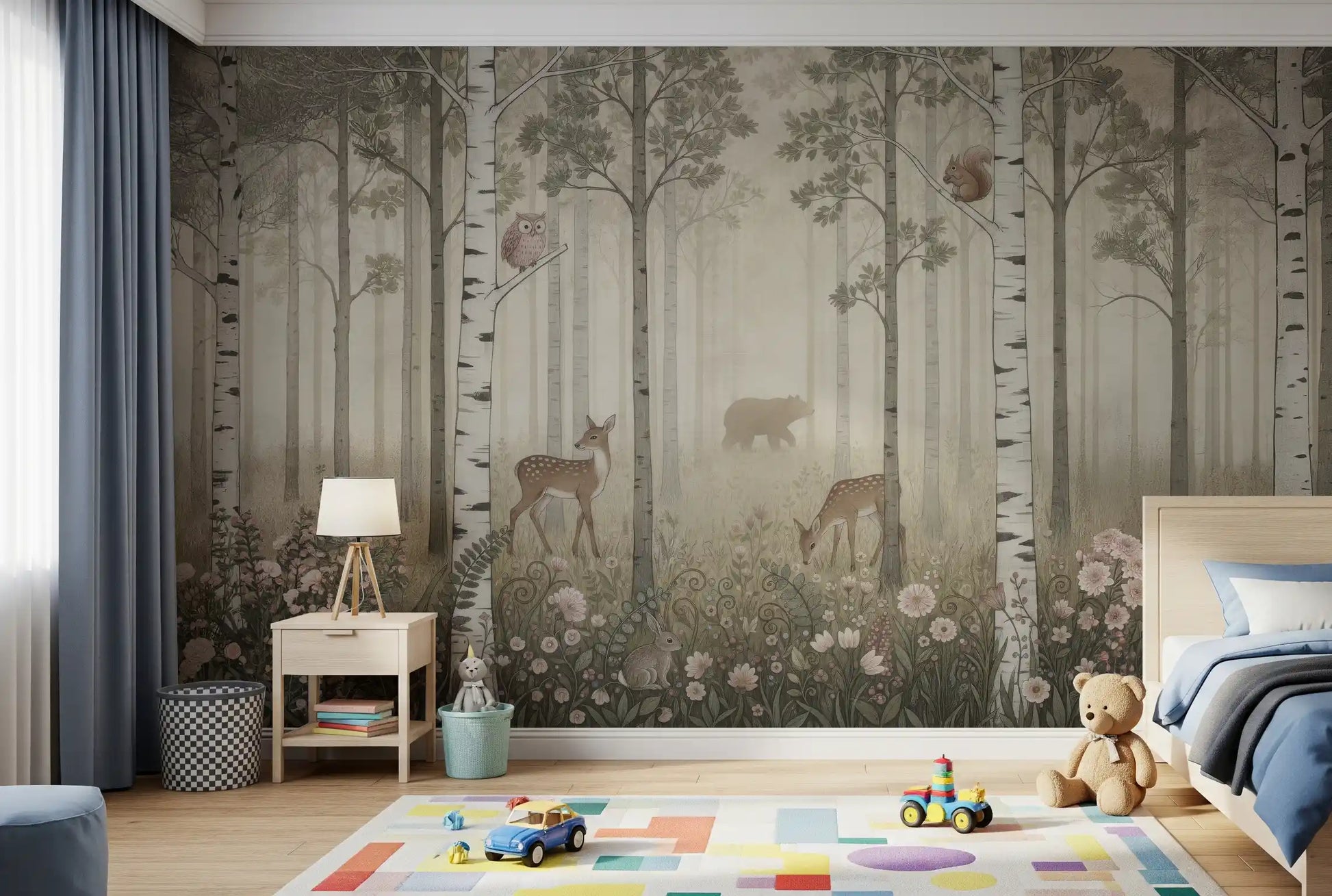 Dappled light filters through birch in a Kids bedroom with the woodland Misty Day wall mural.