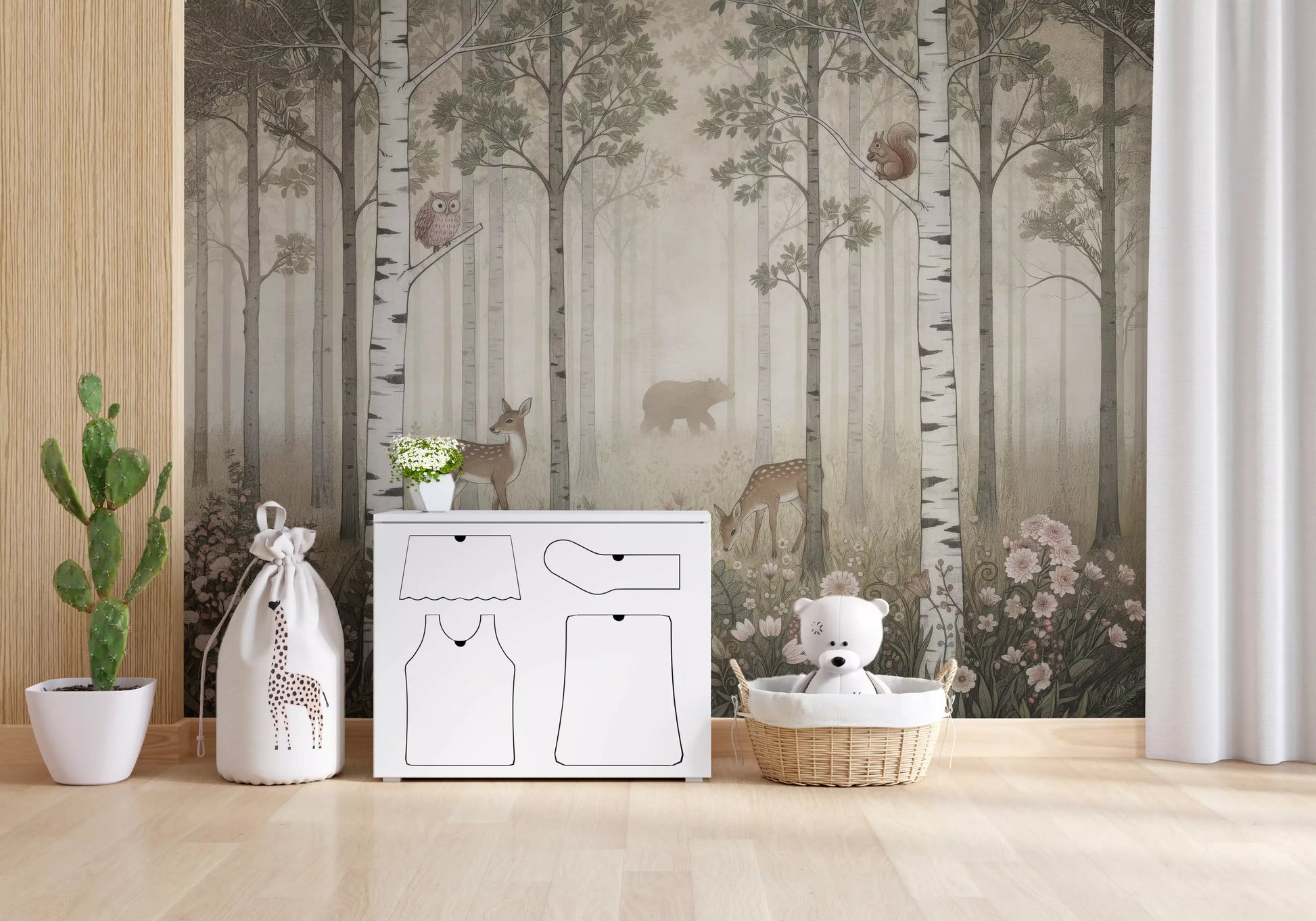Owl, fawn and rabbit gather in a living room beside the Forest Wildflowers wall mural.