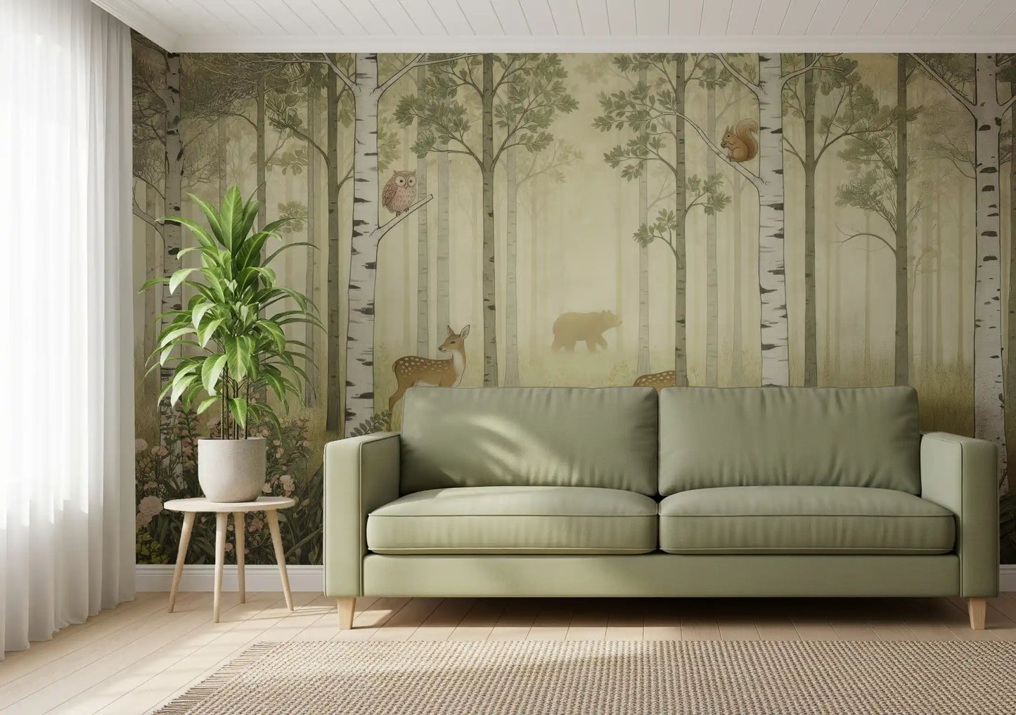 Sage, oat and ivory wash gently through Forest Animals and Wildflowers wall mural.