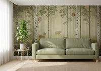 Sage, oat and ivory wash gently through Forest Animals and Wildflowers wall mural.