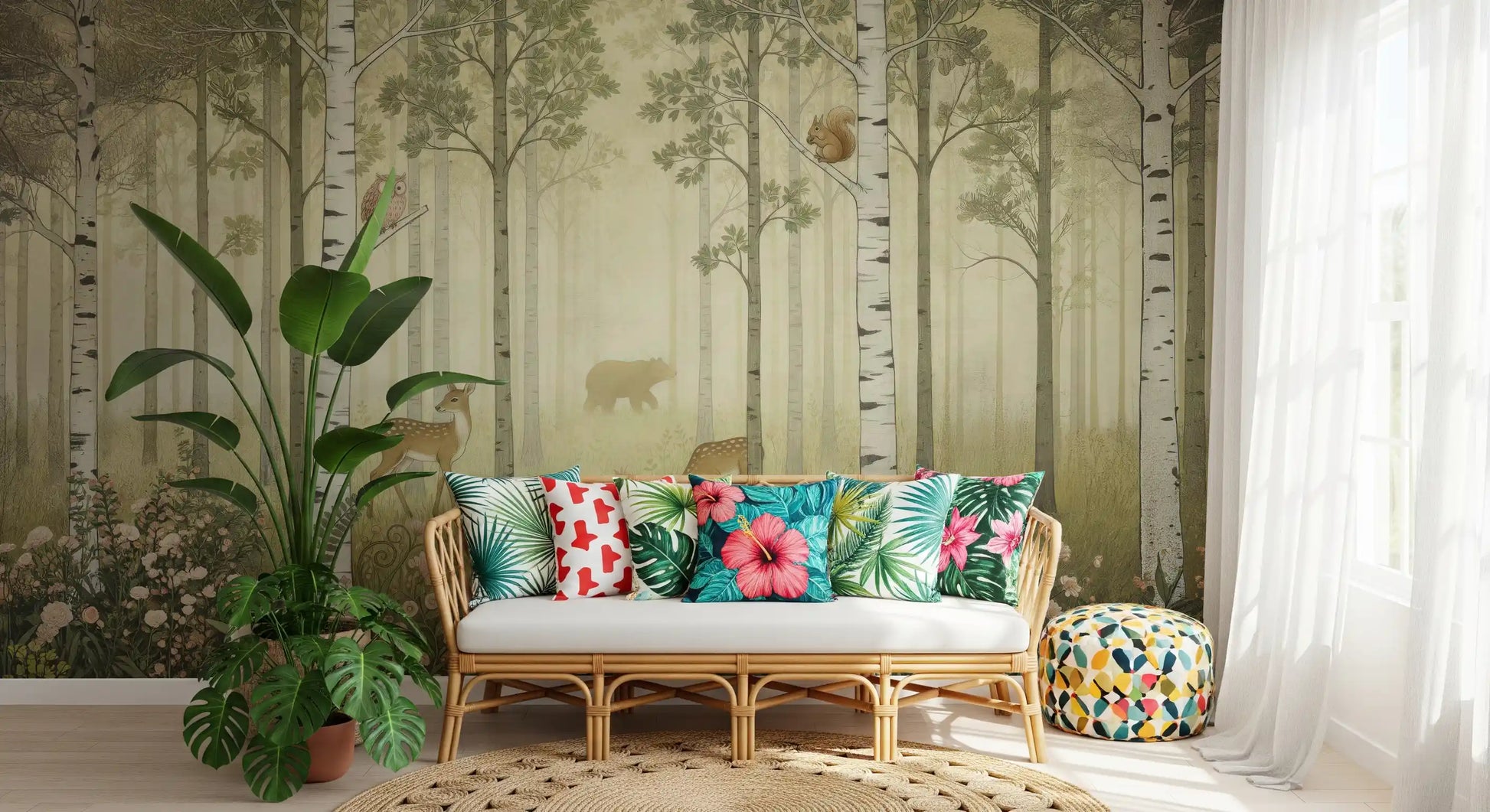 Tiny coral and rose blossoms edge the lower band of this Forest Animals wall mural.
