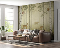 Storybook deer and bear wrap a Living room in the Forest Animals wall mural.
