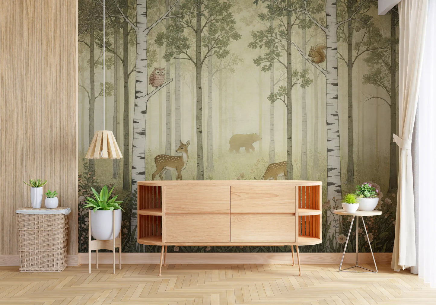 Hallway turns into a quiet forest path with Forest Animals Wildflowers wall mural.