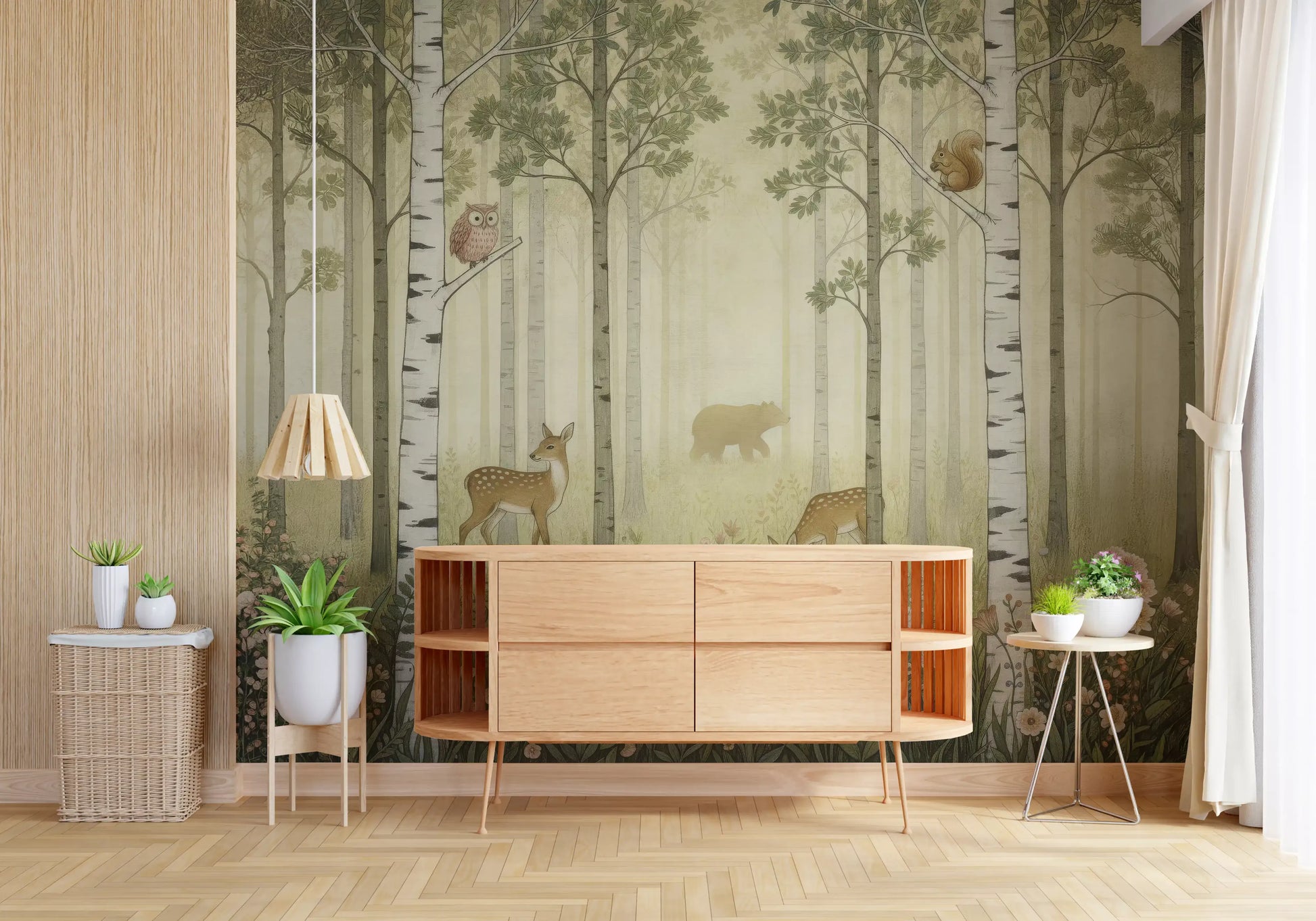 Hallway turns into a quiet forest path with Forest Animals Wildflowers wall mural.