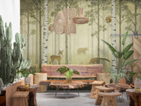 Birch trunks line Forest Animals and Wildflowers wall mural with a fawn and a bear.