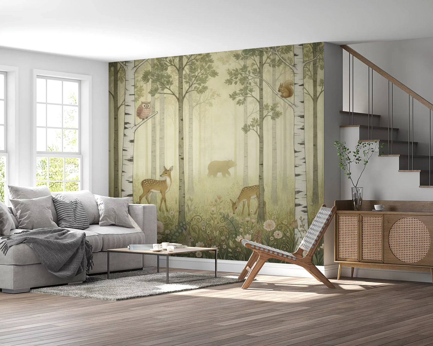 An owl perches above as a copper squirrel watches in Forest Animals Wildflowers wall mural.