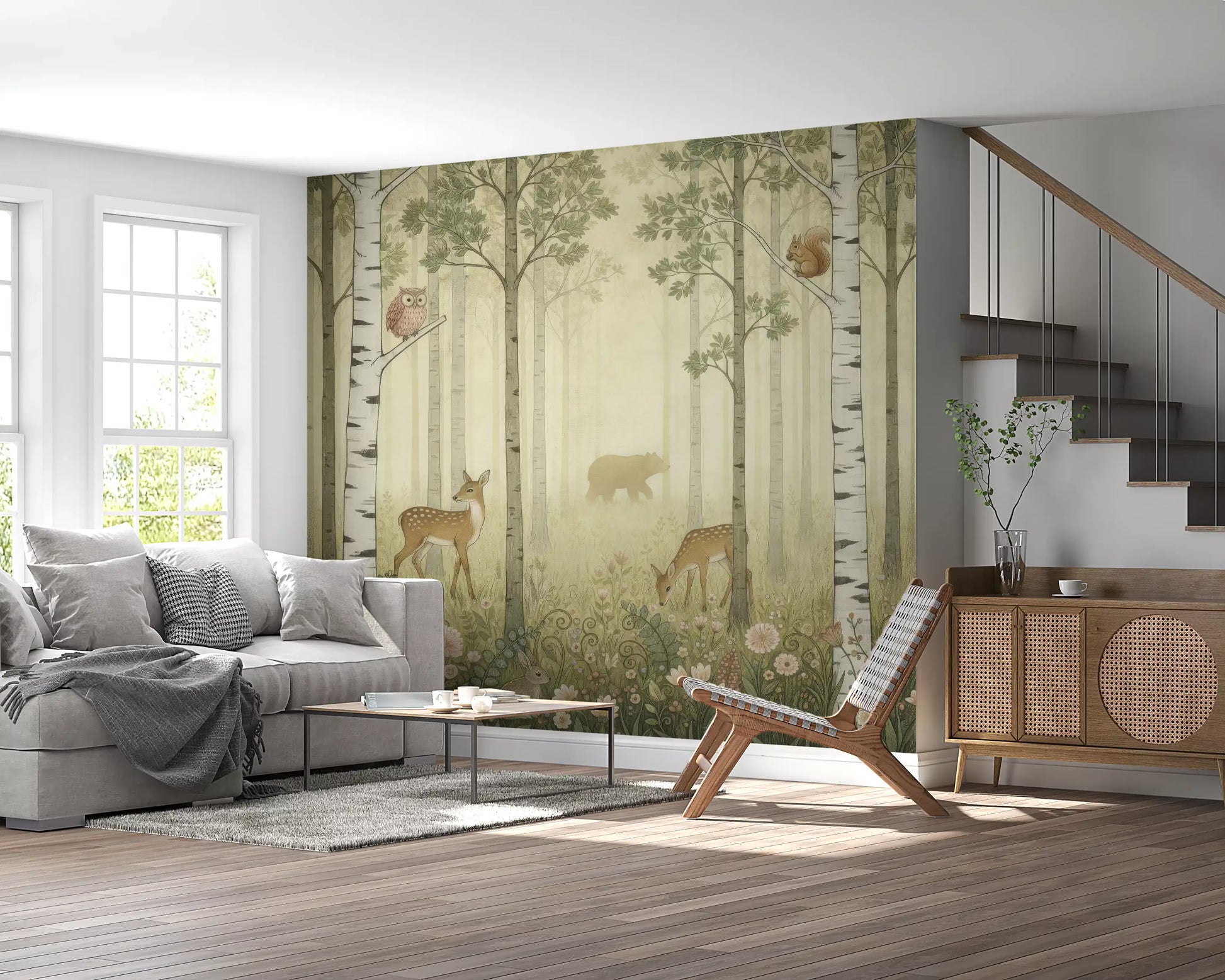 An owl perches above as a copper squirrel watches in Forest Animals Wildflowers wall mural.