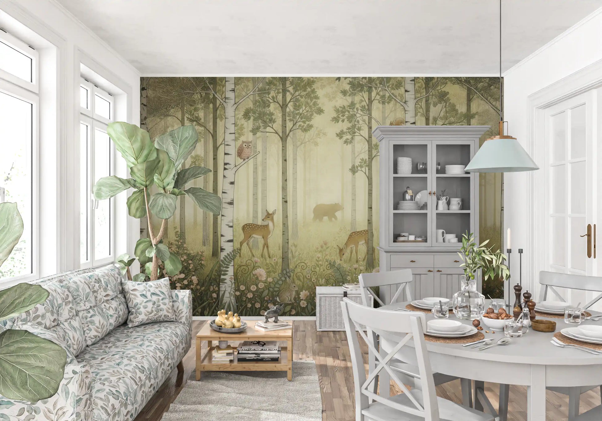 Misty greens and ivory rest behind a Dining room with the Wildflowers woodland wall mural.