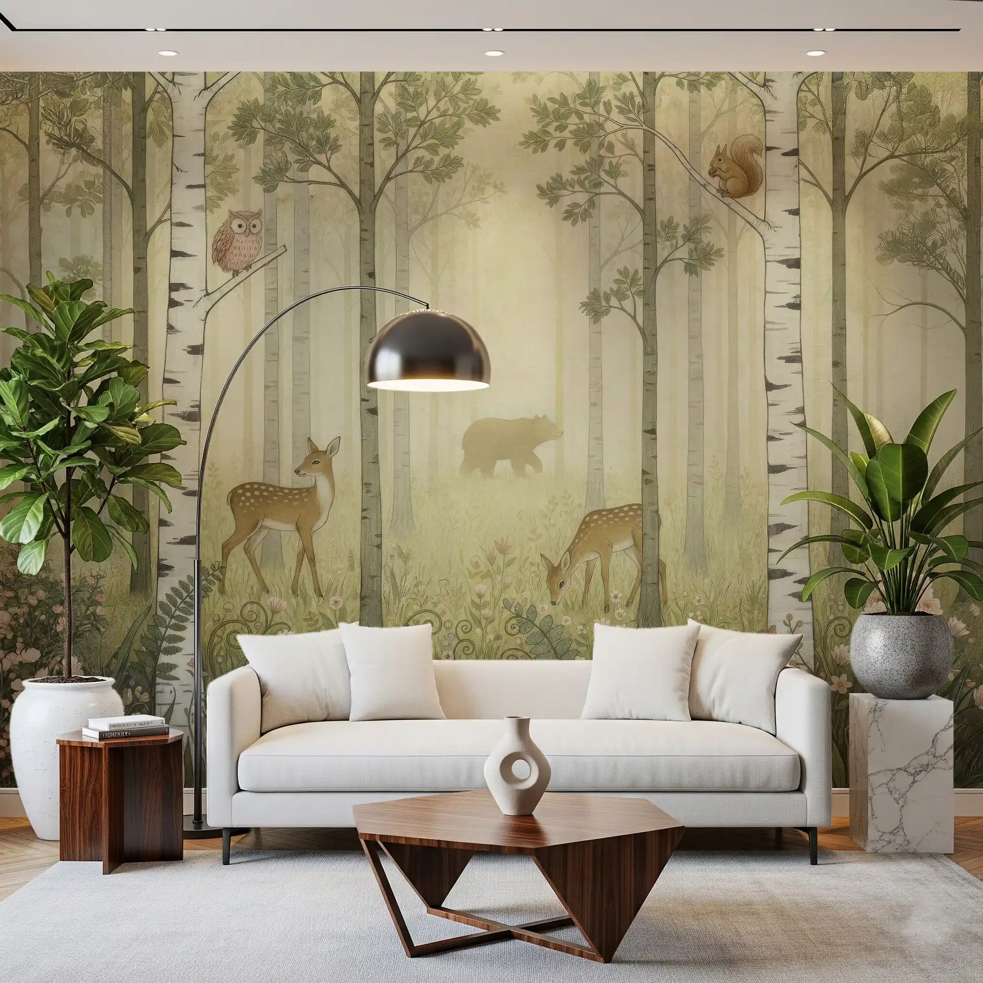 A birch grove warms the living room through Forest Animals and Wildflowers wall mural.