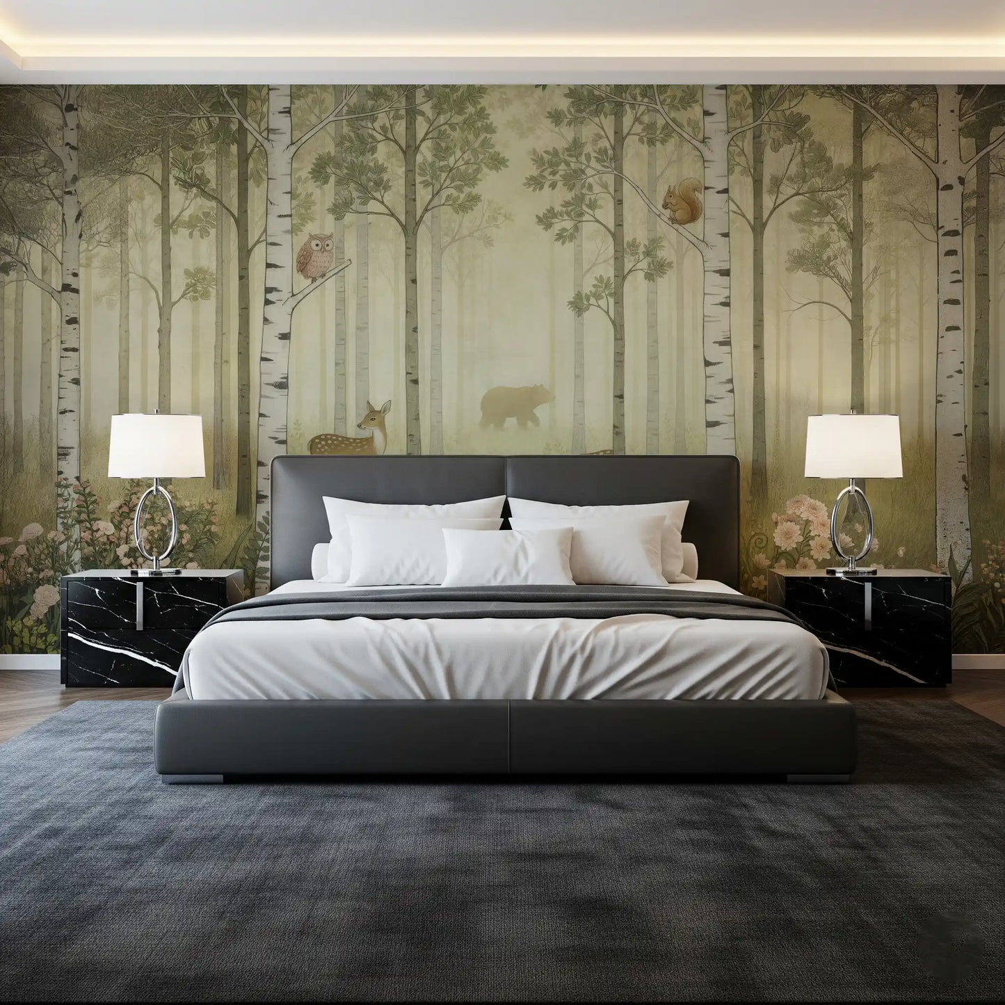 Forest Animals Wildflowers wall mural extends a leafy canopy across the Bedroom.