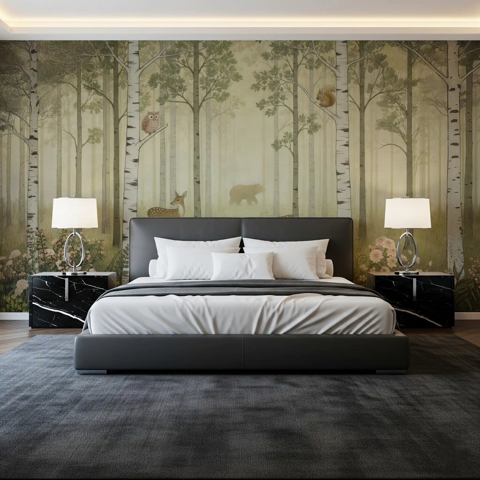 Forest Animals Wildflowers wall mural extends a leafy canopy across the Bedroom.