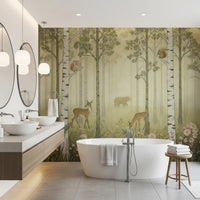 Open the bathroom to a green birch run with Forest Animals Wildflowers wall mural.
