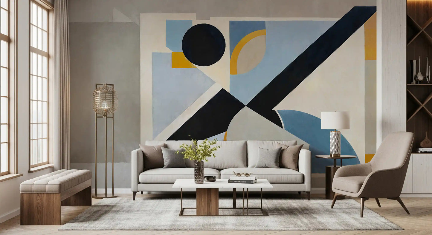 Hallway view of the Avant Signal abstract wall mural in cool blue and warm tones