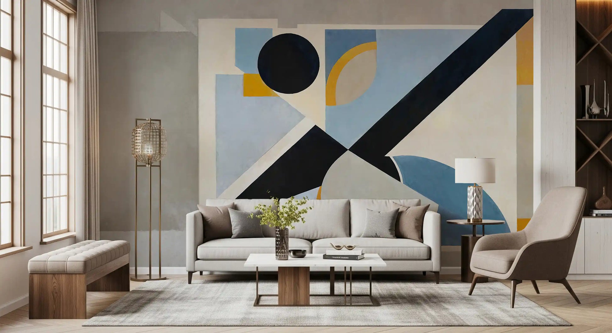 Hallway view of the Avant Signal abstract wall mural in cool blue and warm tones