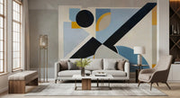 Hallway view of the Avant Signal abstract wall mural in cool blue and warm tones