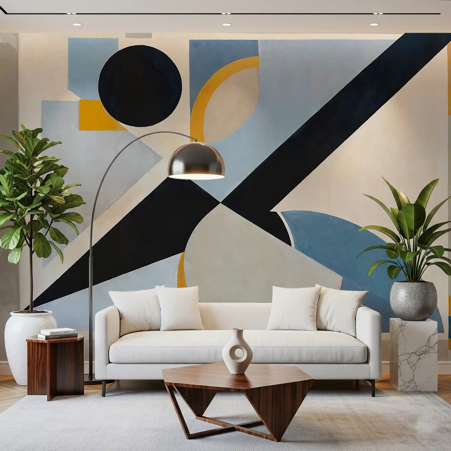 Bold ochre crescents and a black diagonal mark the Avant Signal wall mural face