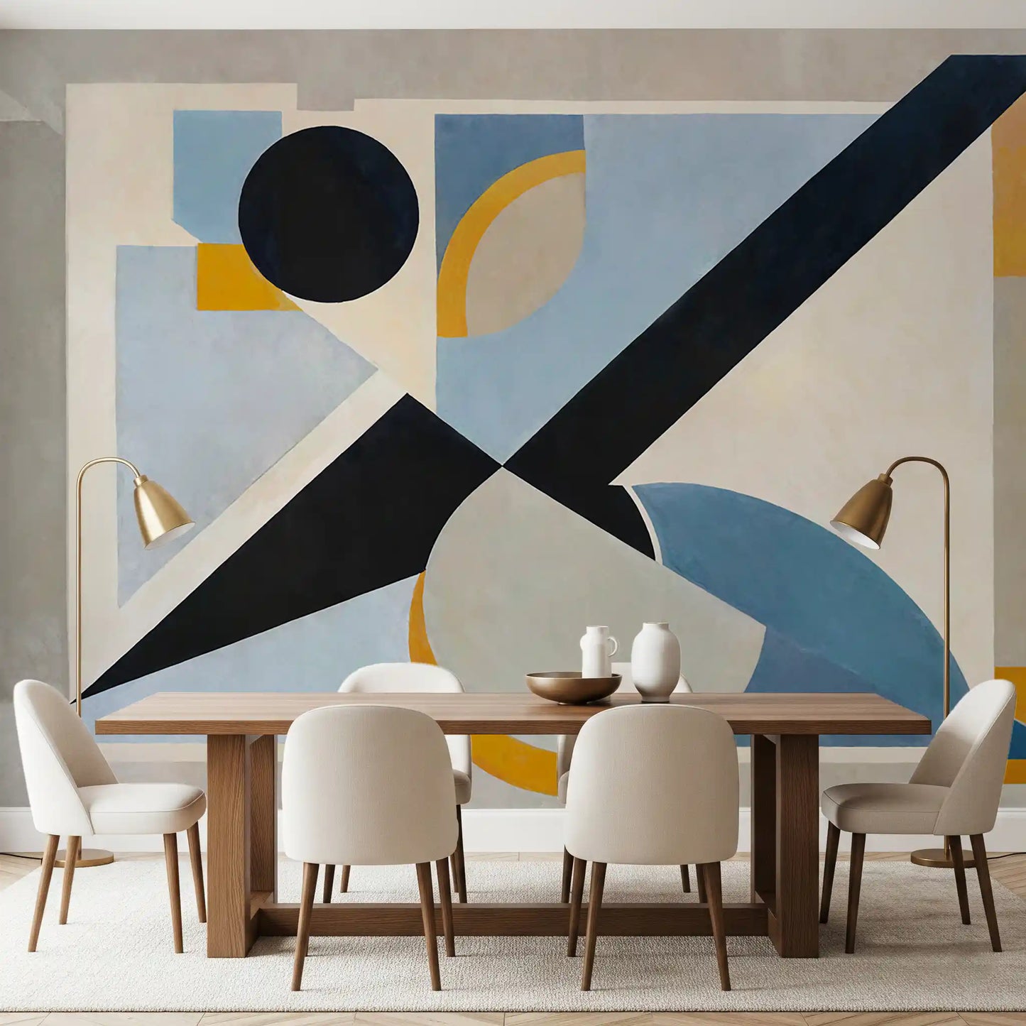 Avant Signal wall mural showing cubist circles, triangles and diagonal cuts