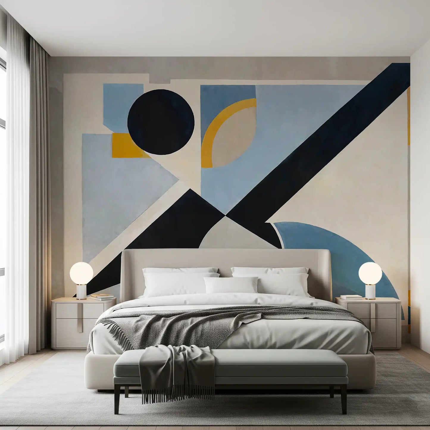 Bedroom  paired with the cubist Avant Signal wall mural for a focal moment