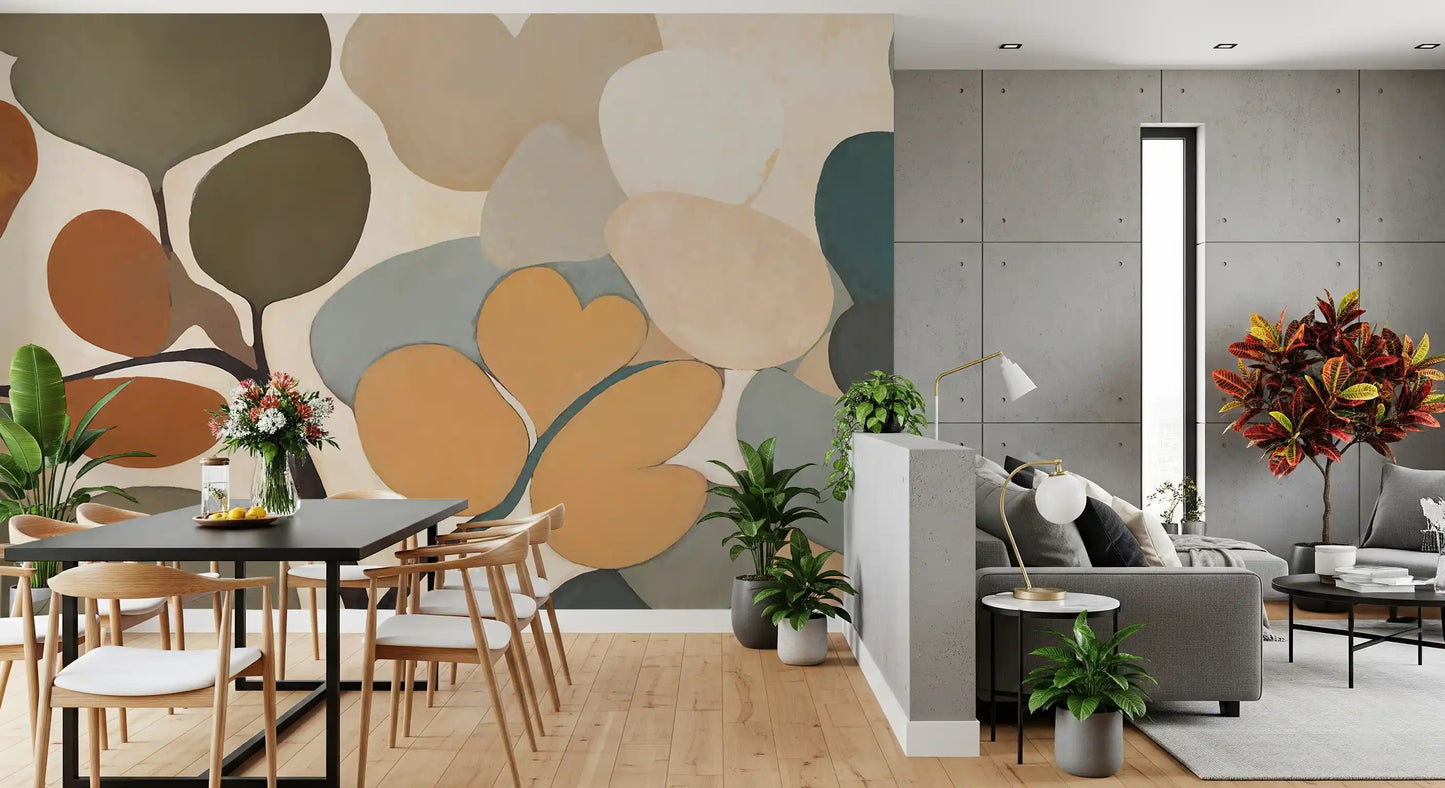 Stylised botanical wall mural with muted earthy tones and chalky cream ground