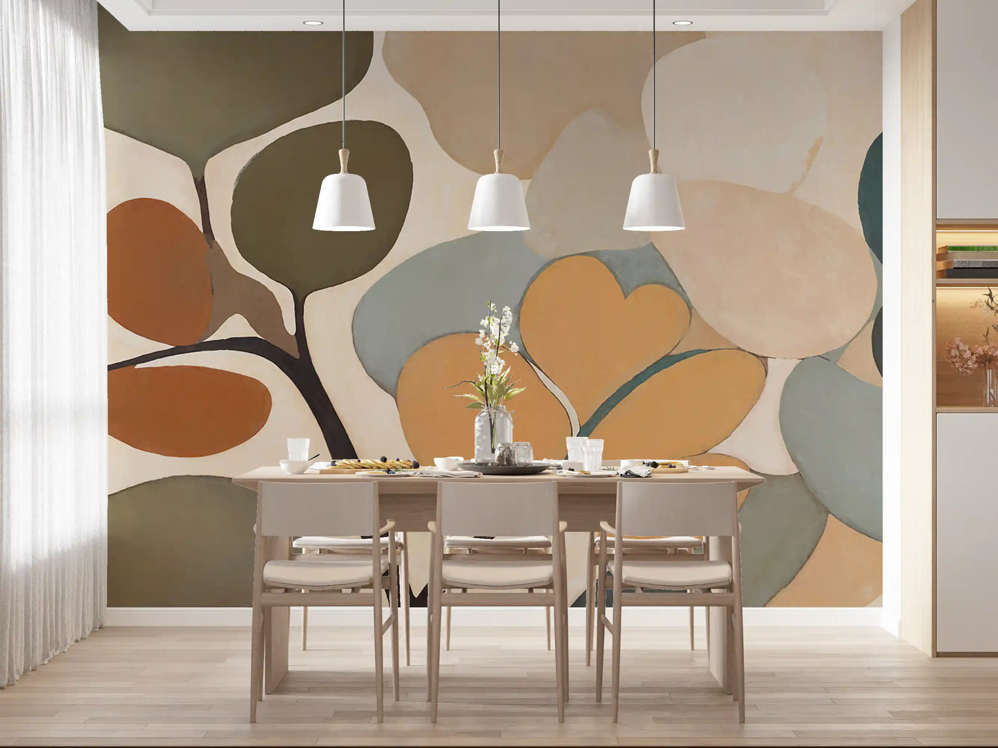 Rust, ochre and teal pebble forms cluster through the Emils Bouquet wall mural