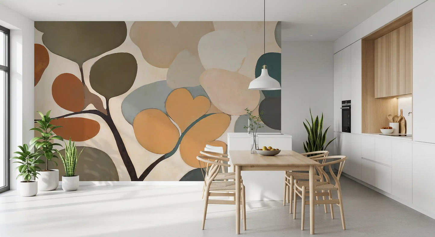 Dining room scene with Emils Bouquet wall mural in stylised botanical tones
