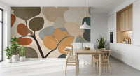 Dining room scene with Emils Bouquet wall mural in stylised botanical tones