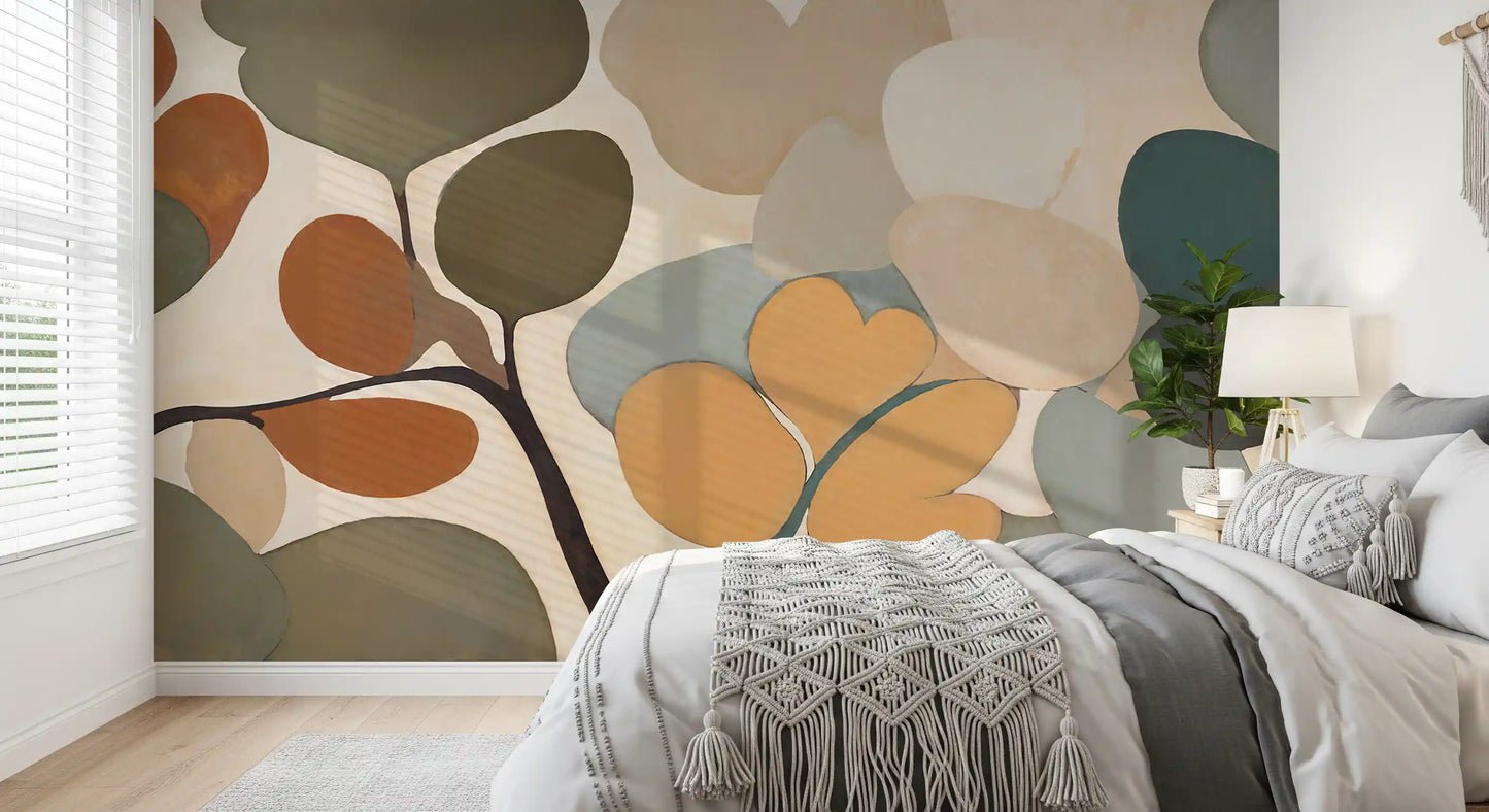 Emils Bouquet wall mural shows rounded leaf shapes on slim brown stems