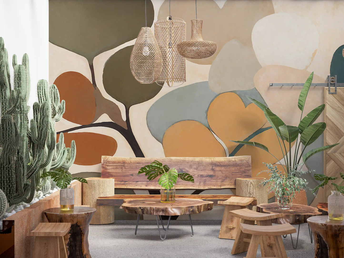 Emils Bouquet wall mural fills a Dining sitting area  with cream and terracotta tones