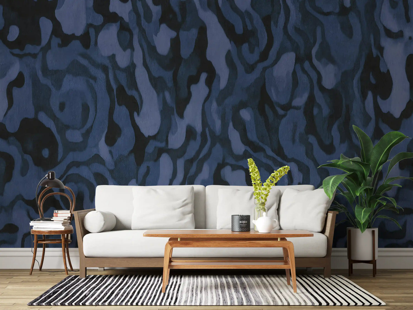 Storm blue currents from the Ettore Veins wall mural complete a relaxed living room.