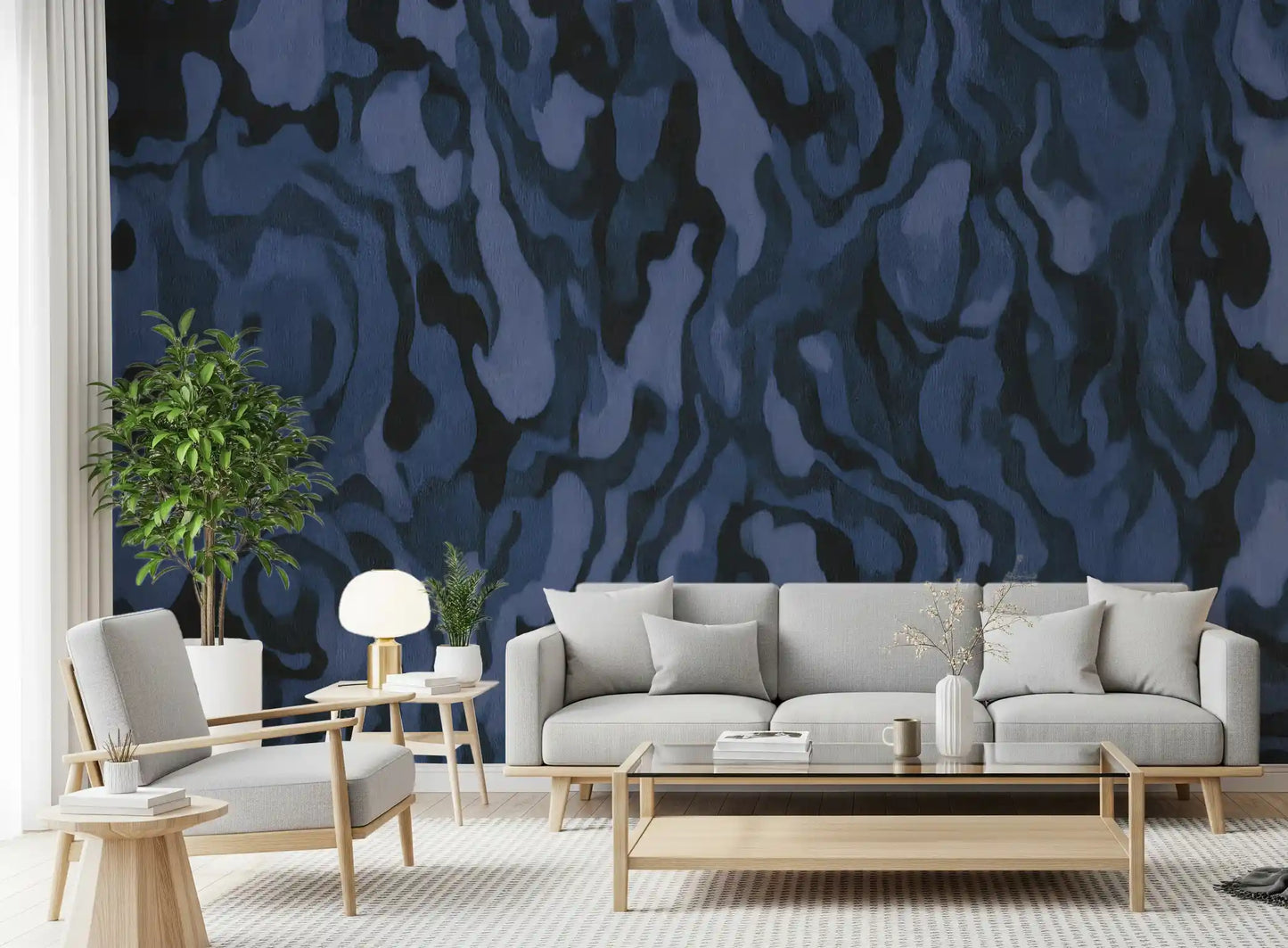 Marbled navy and ink swirl through the Ettore Veins wall mural with painterly motion.