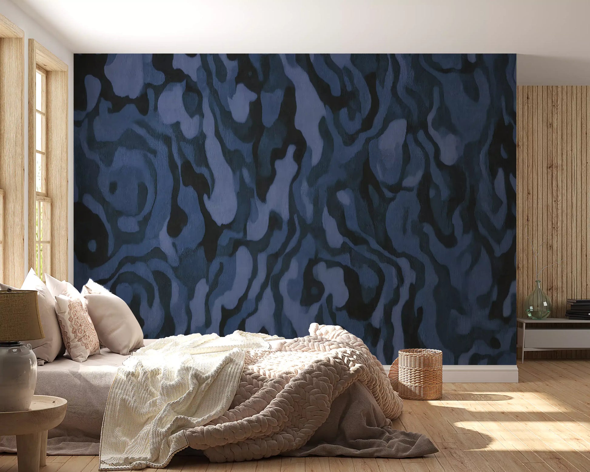 Inky veined motion paces Bedroom with Ettore Veins wall mural in view.