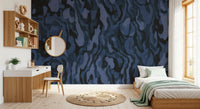 A painterly slate finish meets bedroom calm across this marbled wall mural surface.