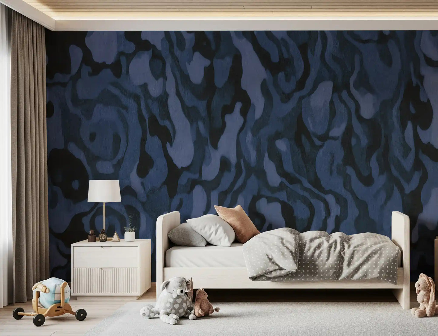 Veined navy ripples lift a Bedroom while the Ettore Veins wall mural holds focus.