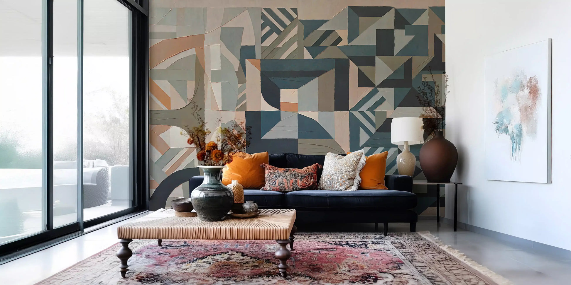 Modern living room paired with a textured geometric wall mural in calm tones