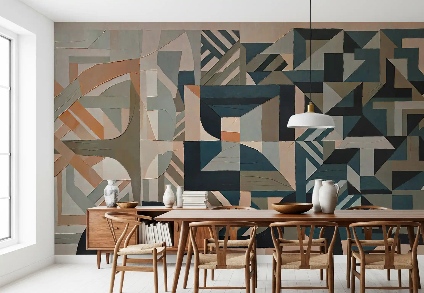 Teal, peach and slate shapes pattern the Silent Planes wall mural surface