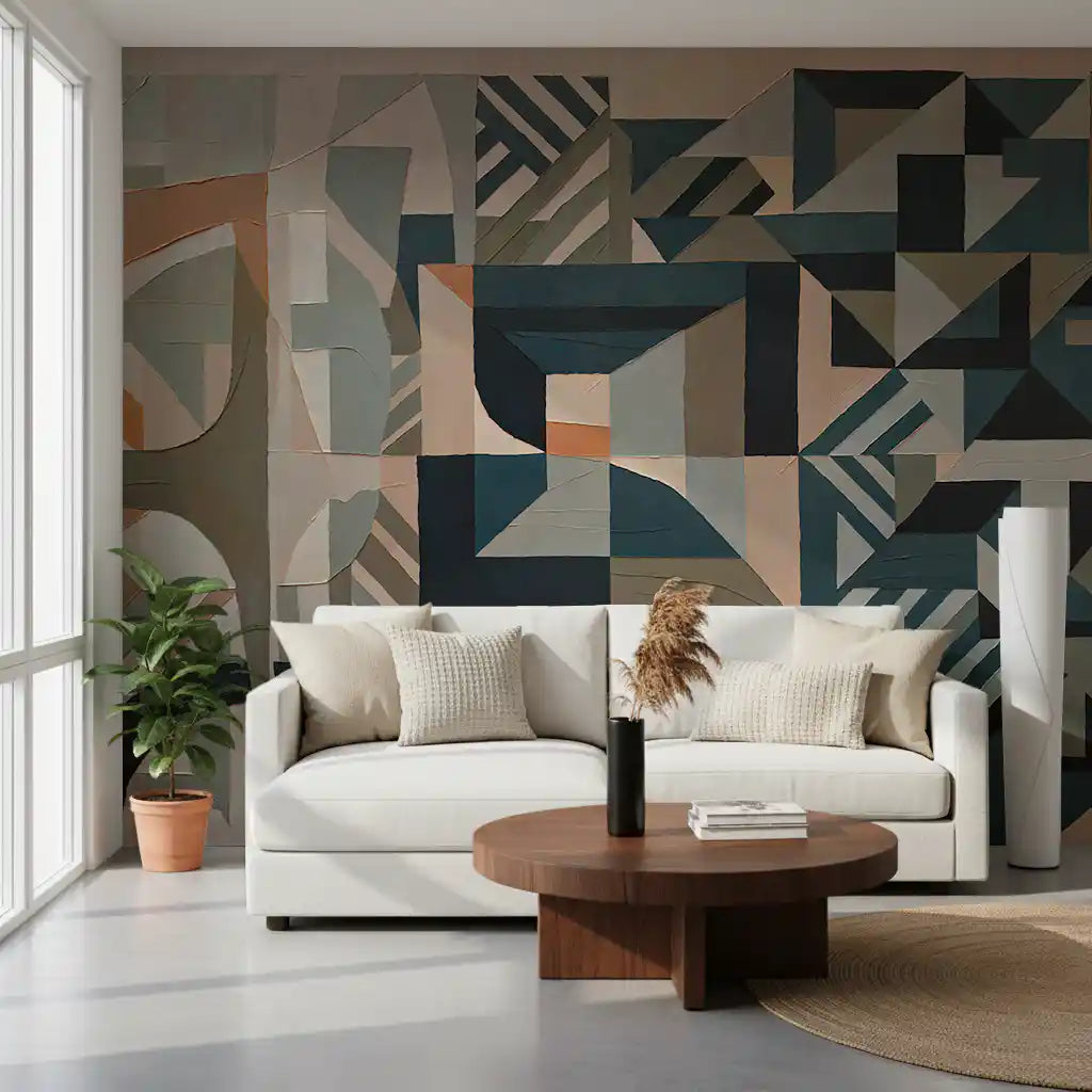 Living room accent section using Silent Planes wall mural with curved black detail