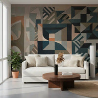 Living room accent section using Silent Planes wall mural with curved black detail