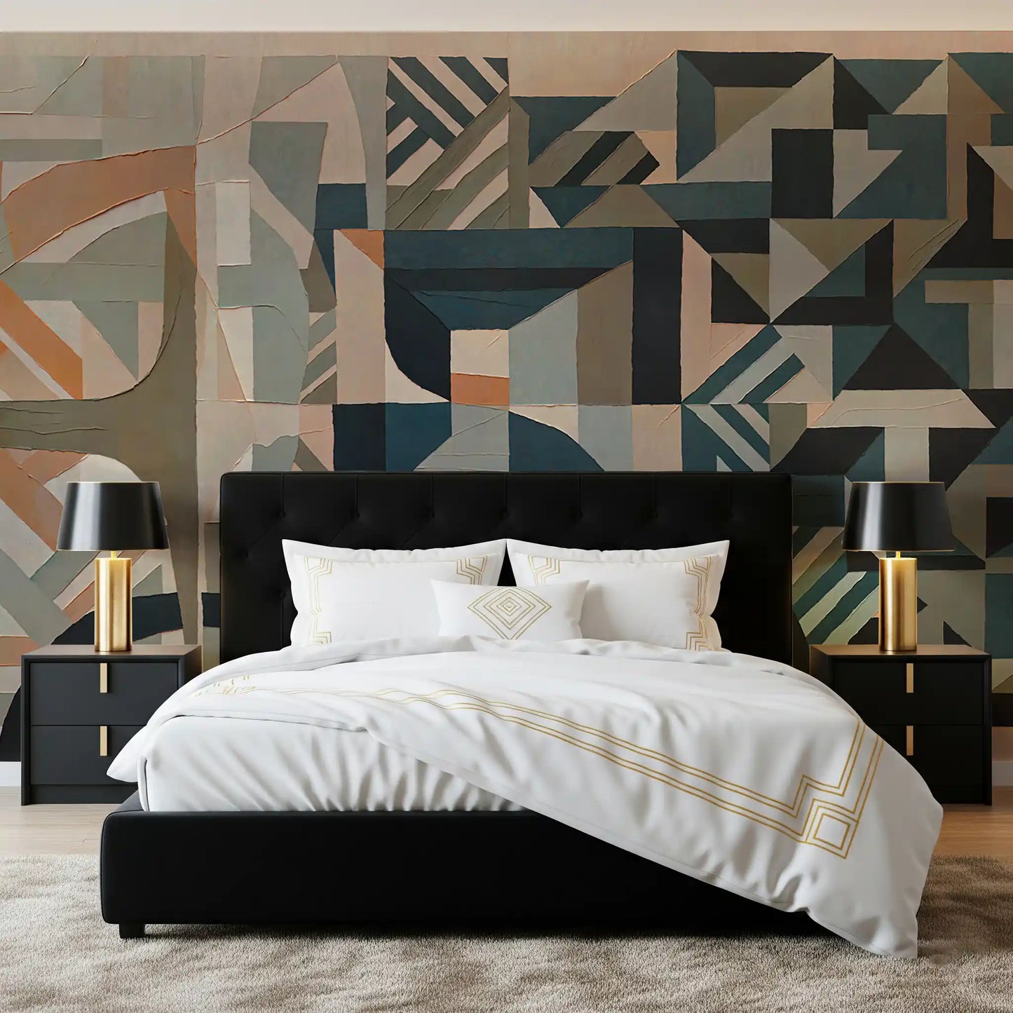 Silent Planes wall mural close view of layered geometric blocks and painterly edges